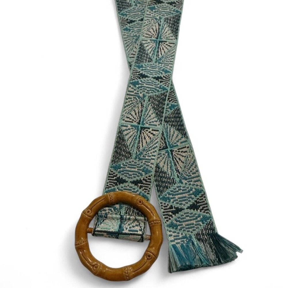 Unbranded Woven Geometric Belt Womens OS Teal Silver Faux Bamboo Buckle